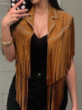 Studded Fringe Suede Vest - Tan